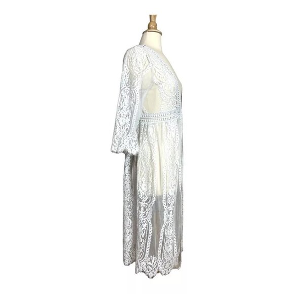 Lace Cover Up White M Fringe Bell Half Sleeve Long Embroidered Boho Hippie Beach - Picture 2 of 8